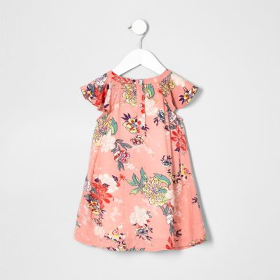 Mini girls pink floral flare shoulder dress